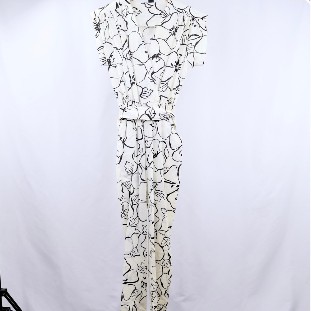 Vintage Floral Jumpsuit Womens White Black Wide Leg Pantsuit Belted 80s Romper - Picture 2 of 5